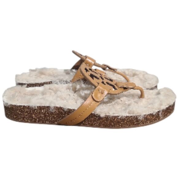 Tory Burch Miller Cloud Shearling Slide Sandals Size 7 Camel EUC Cork Footbed - Picture 2 of 4